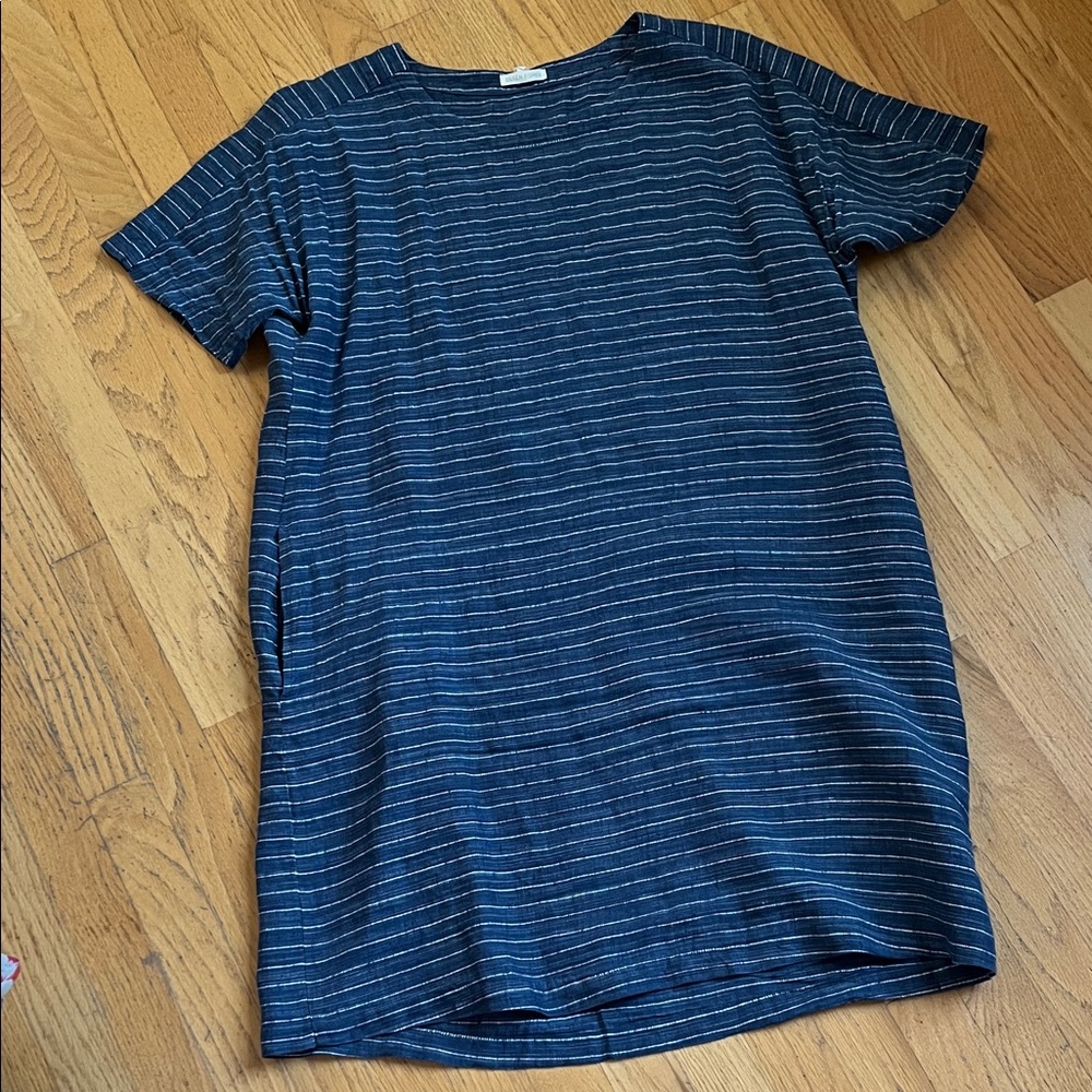 Eileen Fisher Navy and White Striped Organic Linen Dress M